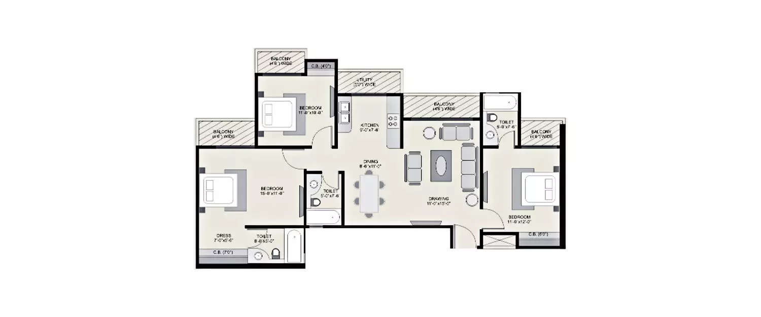 Floor plan for 3 BHK
