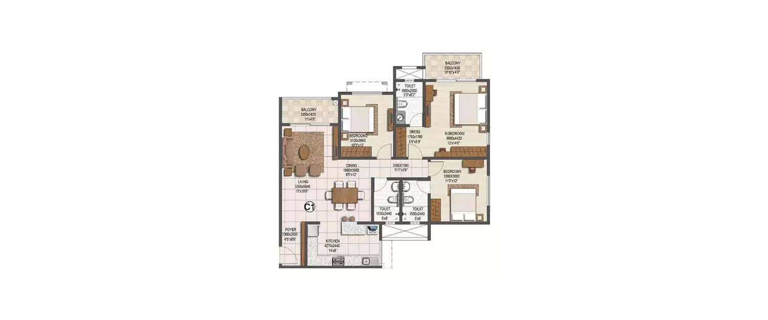 Floor plan for 3 BHK