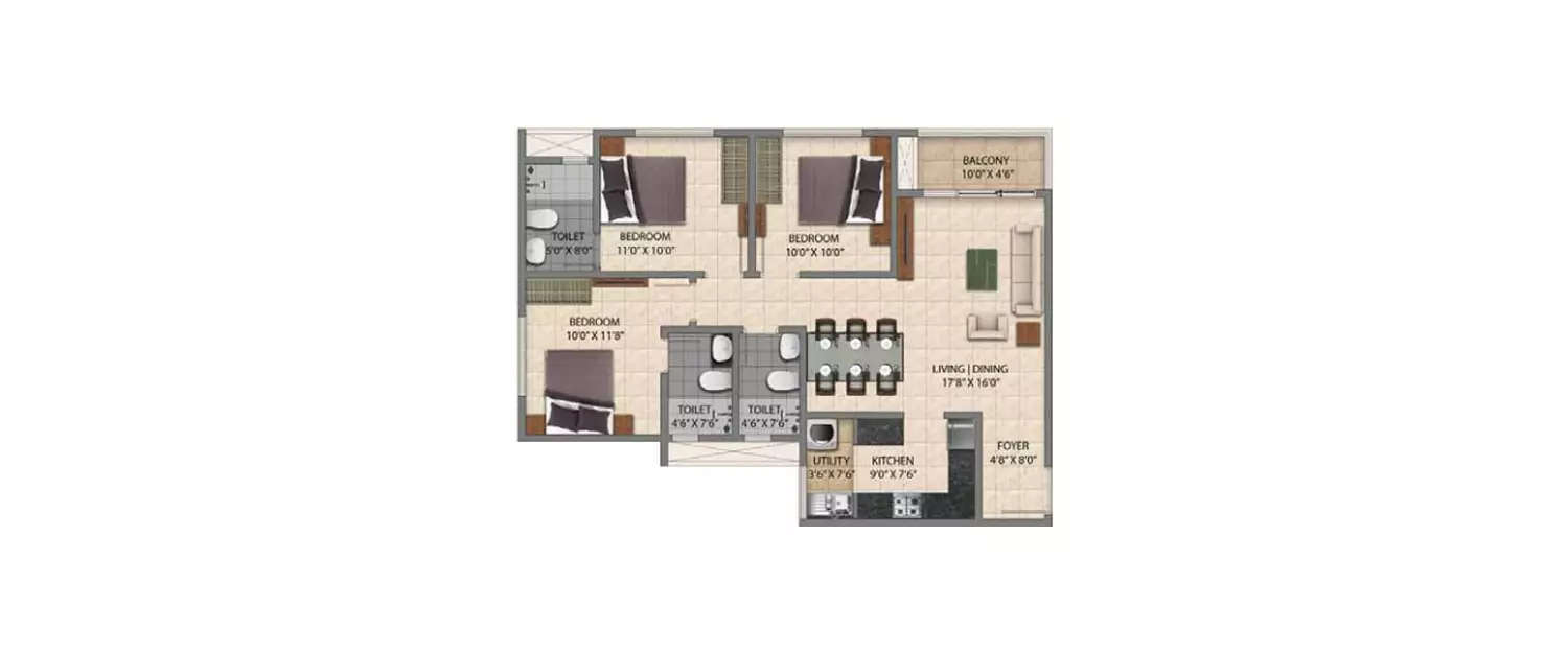 Floor plan for 3 BHK