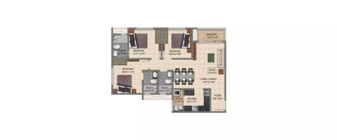 Provident Central Park Kanakapura - Floor plan 3 BHK 905 Sq.ft