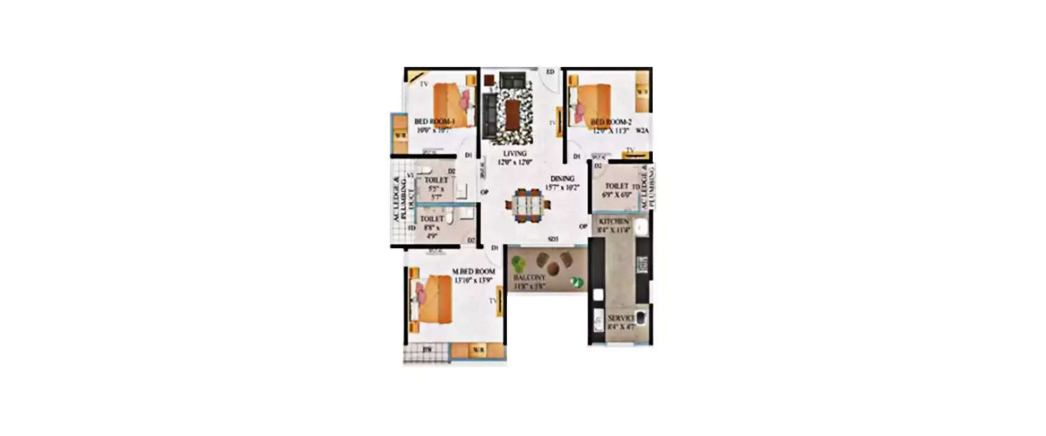 Floor plan for 3 BHK