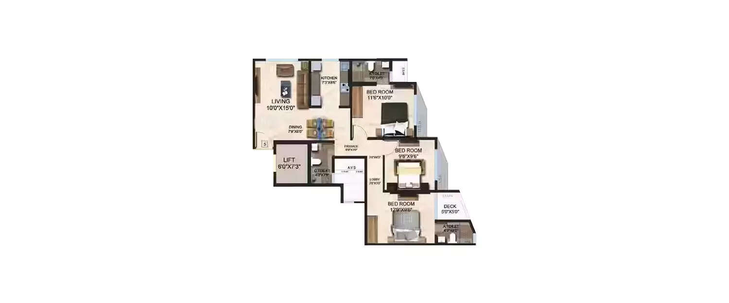 Floor plan for 3 BHK