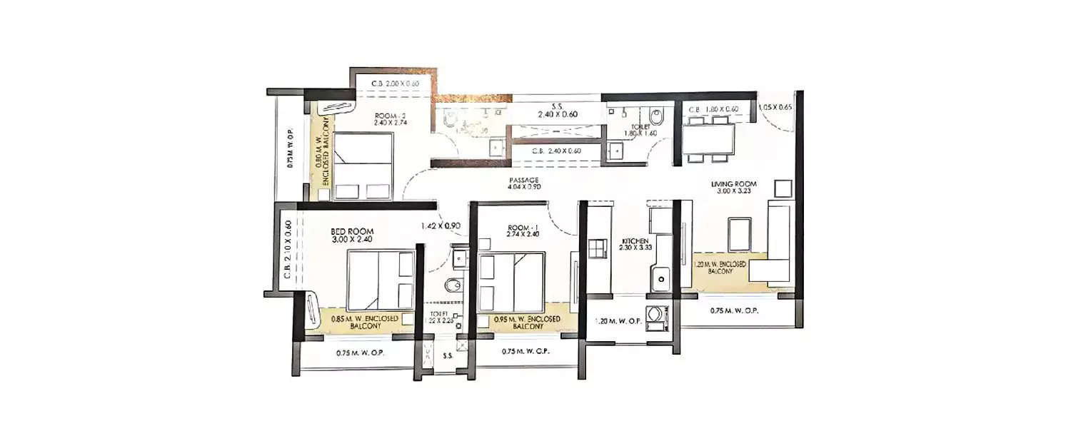 Floor plan for 3 BHK