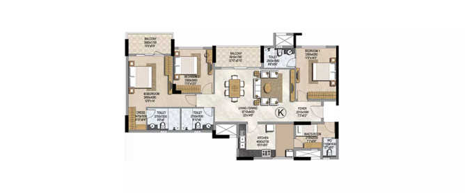 Prestige Misty Waters Hebbal - Floor plan 3 BHK 1991 Sq.ft