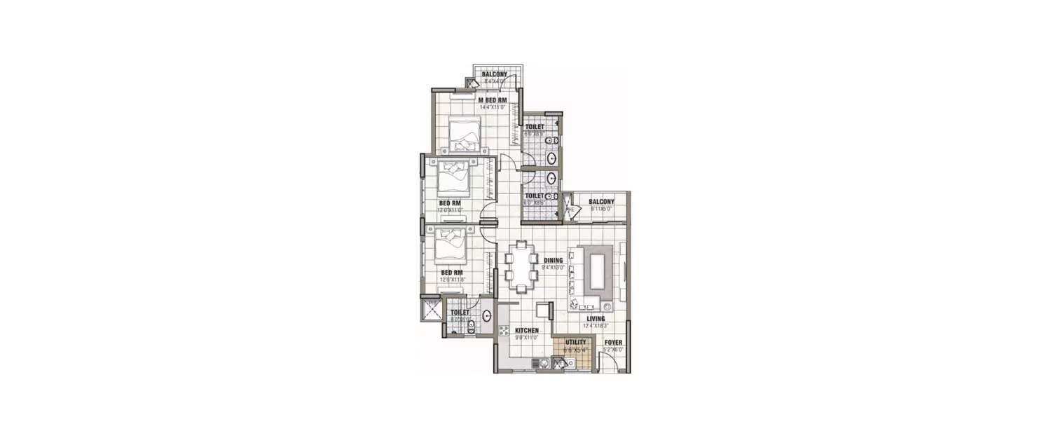 Floor plan for 3 BHK