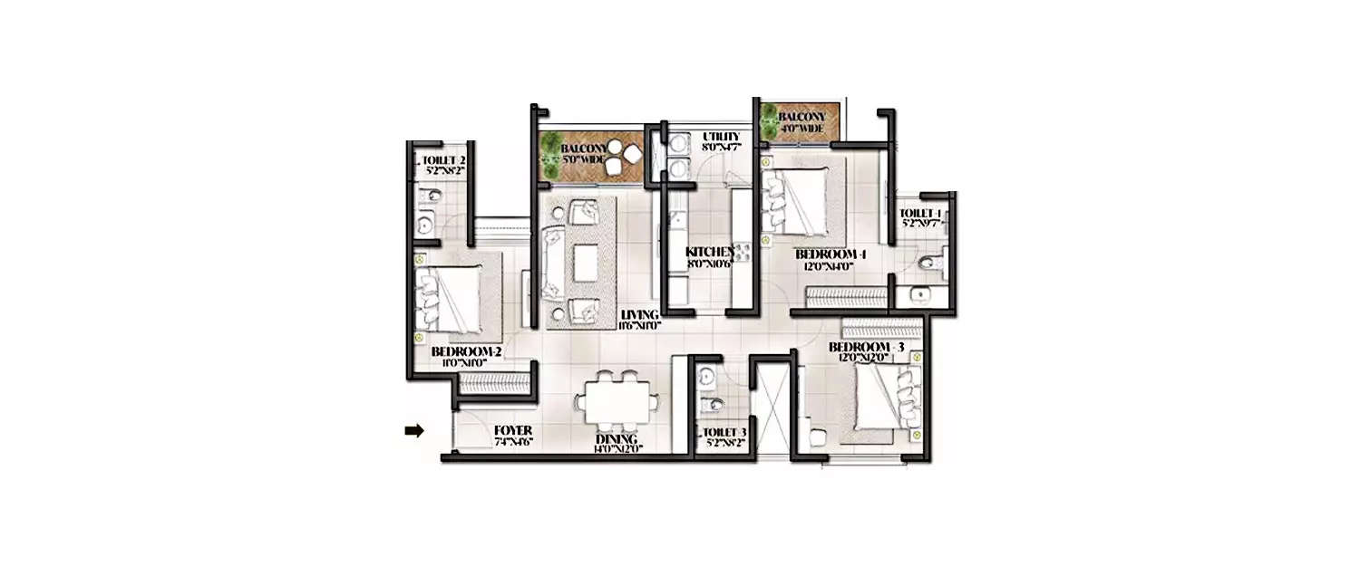 Floor plan for 3 BHK