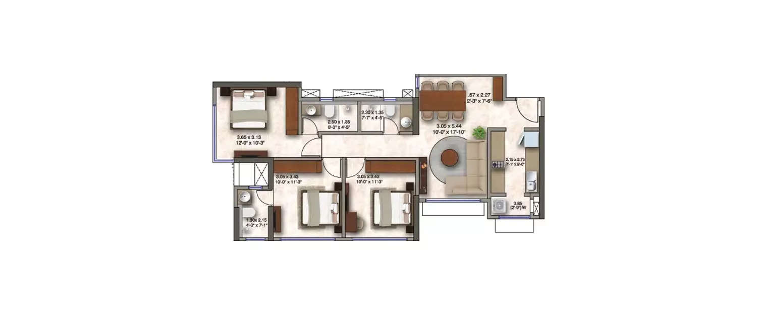 Floor plan for 3 BHK