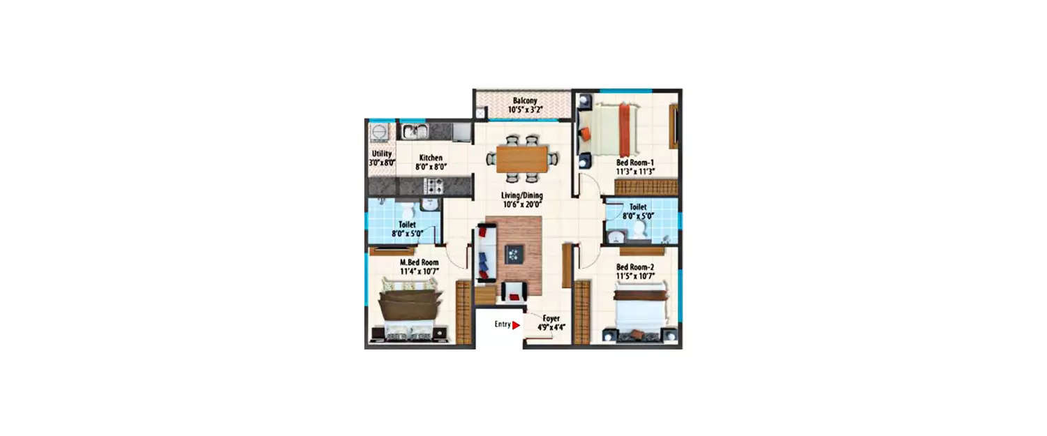 Floor plan for 3 BHK
