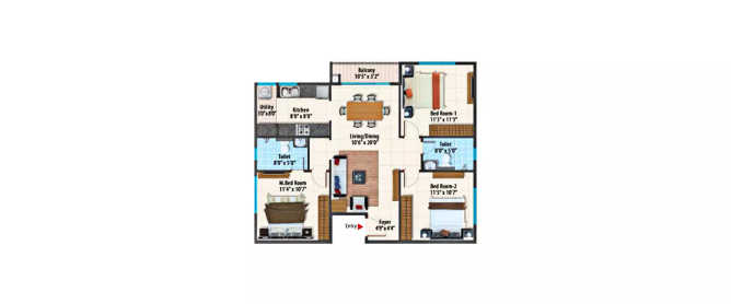 Peninsula Paramount Sarjapura - Floor plan 3 BHK 1218 Sq.ft