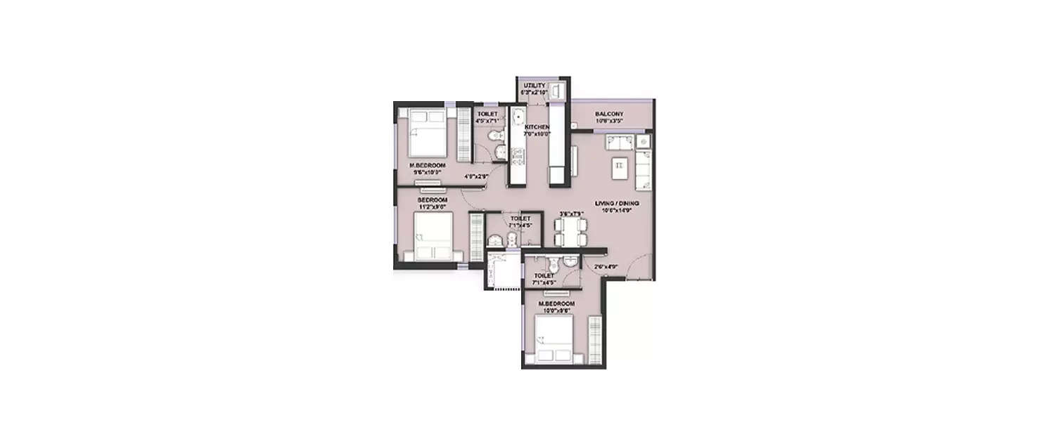 Floor plan for 3 BHK