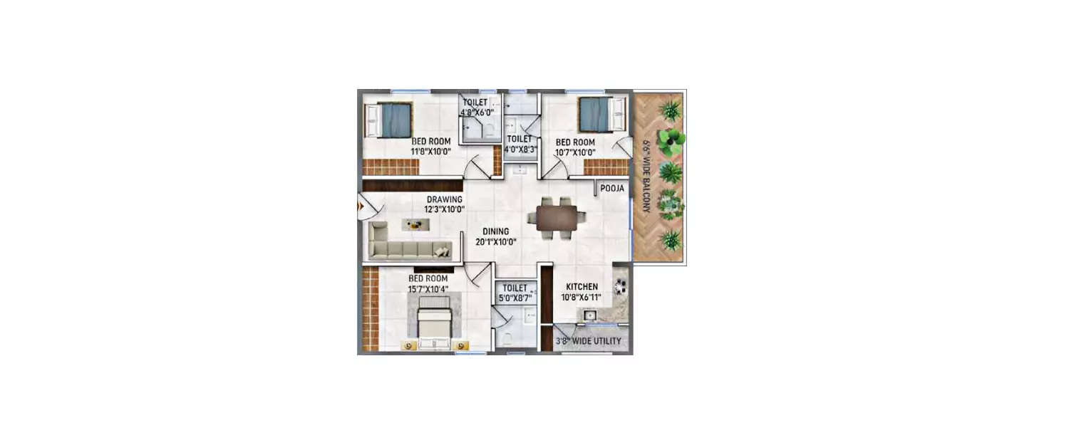 Floor plan for 3 BHK