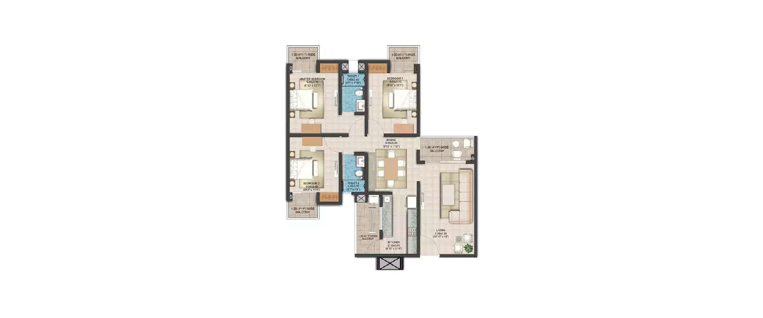 Floor plan for 3 BHK