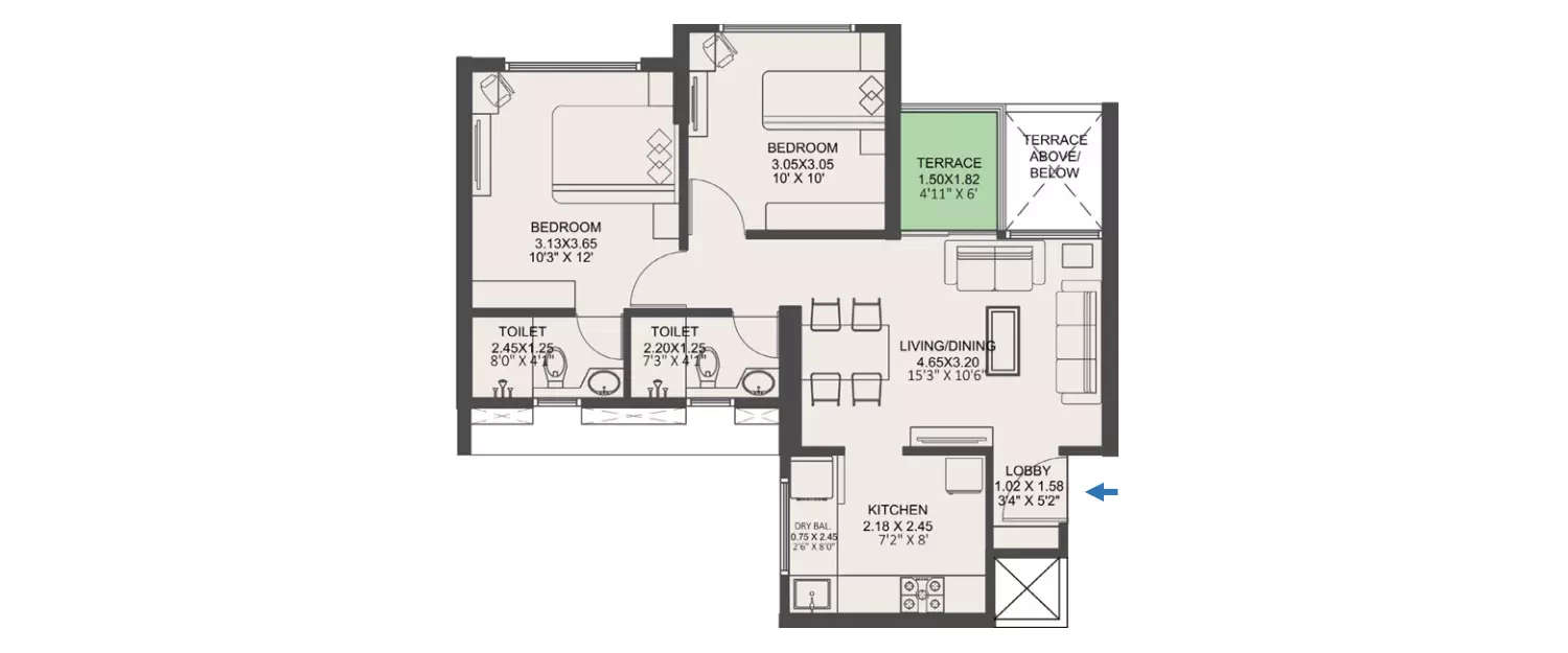 Floor plan for 2 BHK