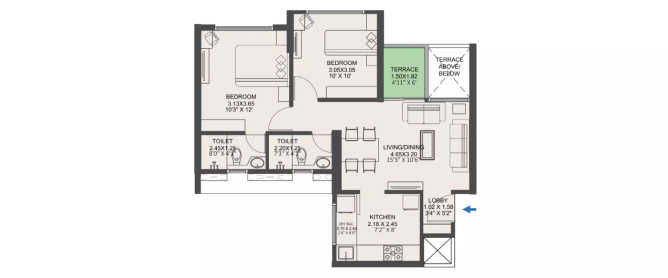 VTP Pegasus Kharadi - Floor plan 2 BHK 770 Sq.ft