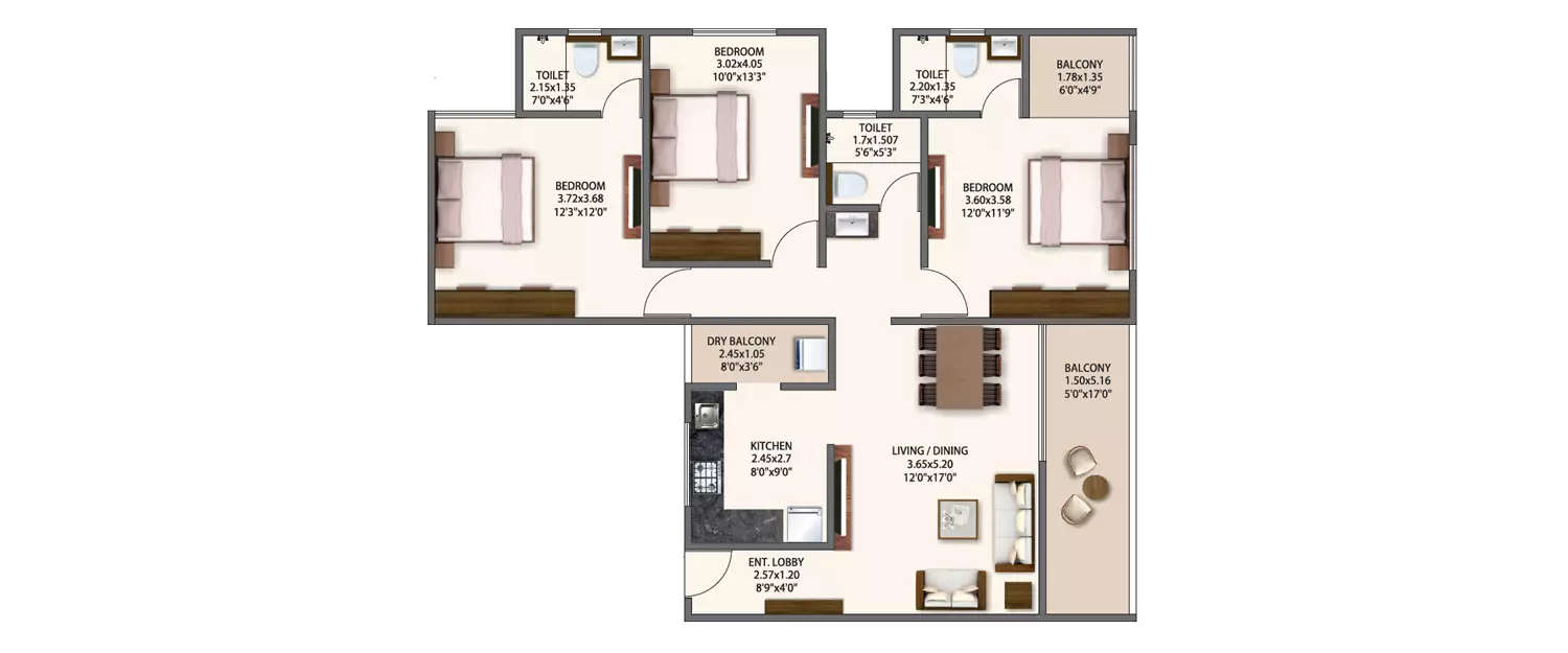 Floor plan for 3 BHK