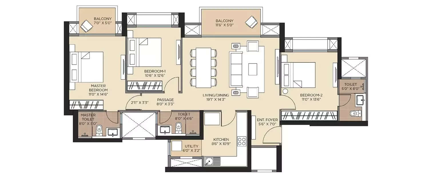 Floor plan for 3 BHK