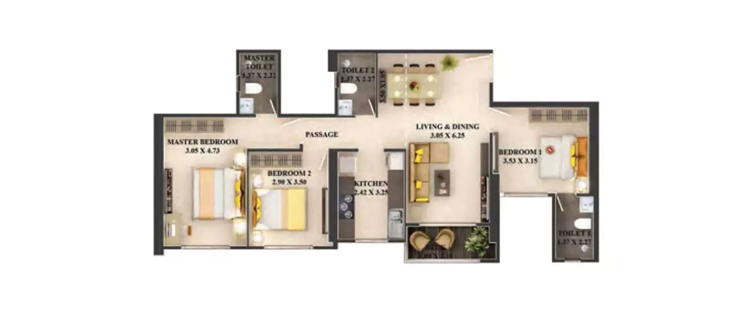 Floor plan for 3 BHK