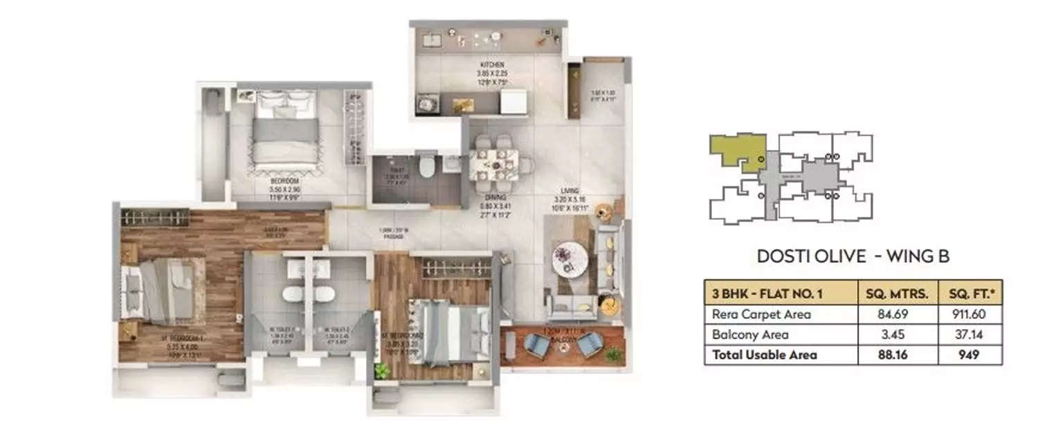 Floor plan for 3 BHK
