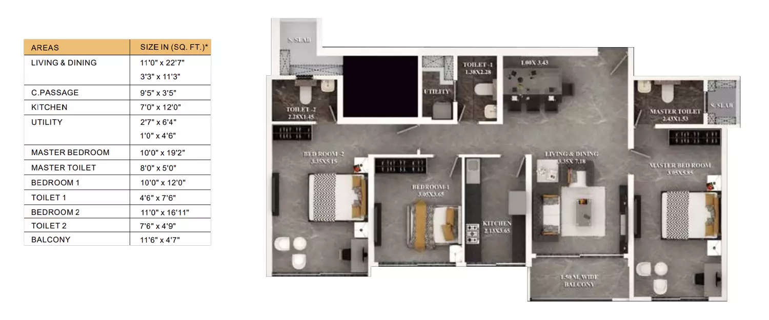 Floor plan for 3 BHK