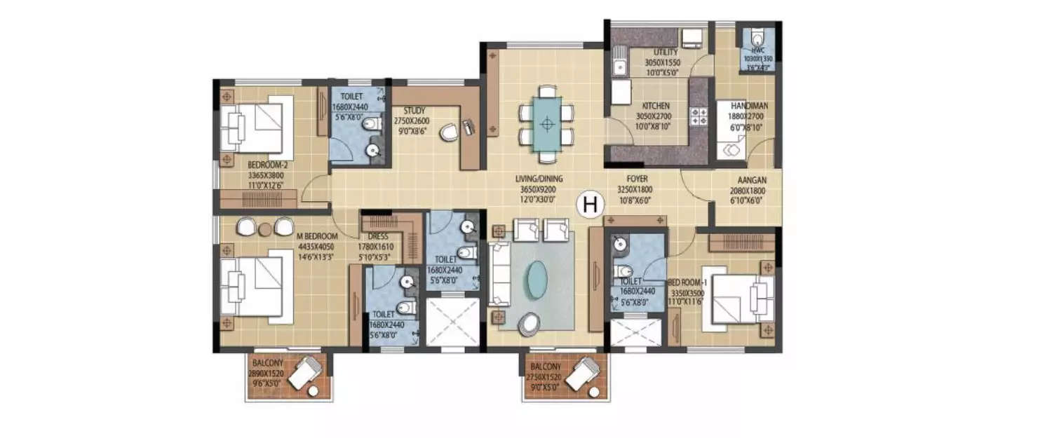 Floor plan for 3 BHK