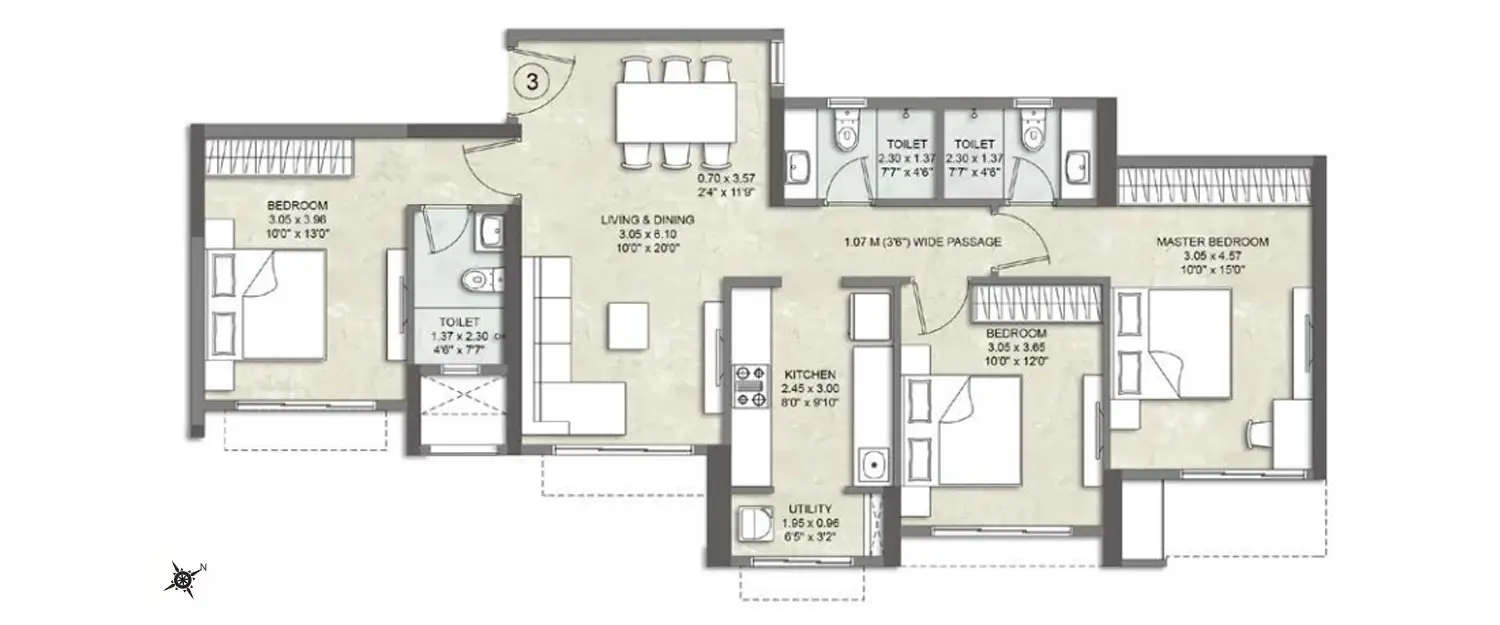 Floor plan for 3 BHK