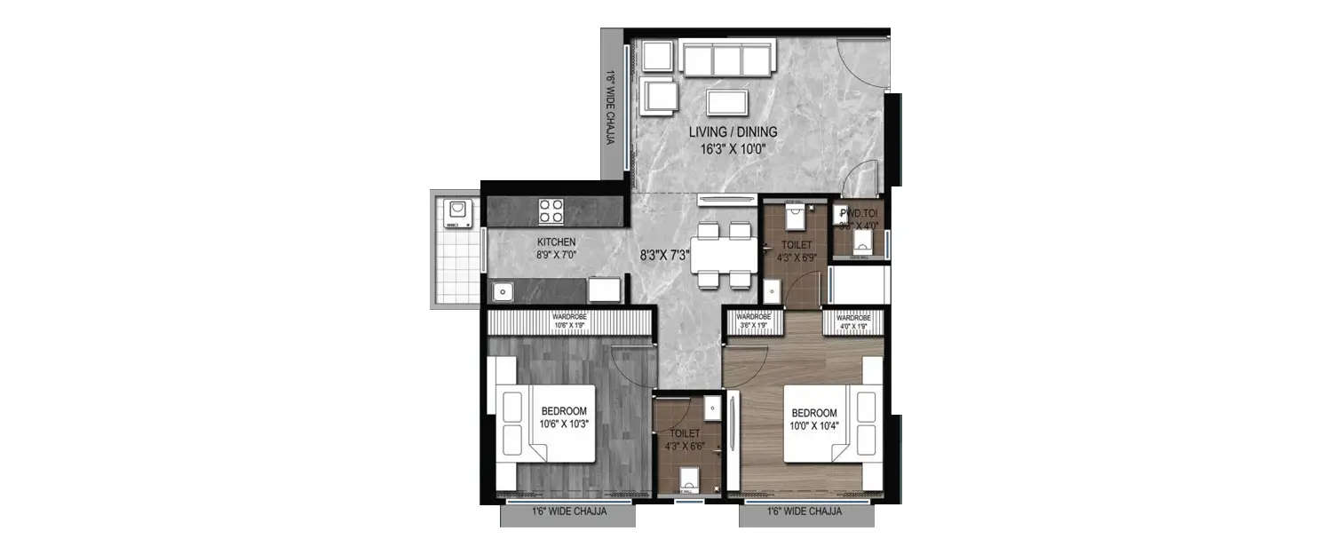 Floor plan for 2 BHK