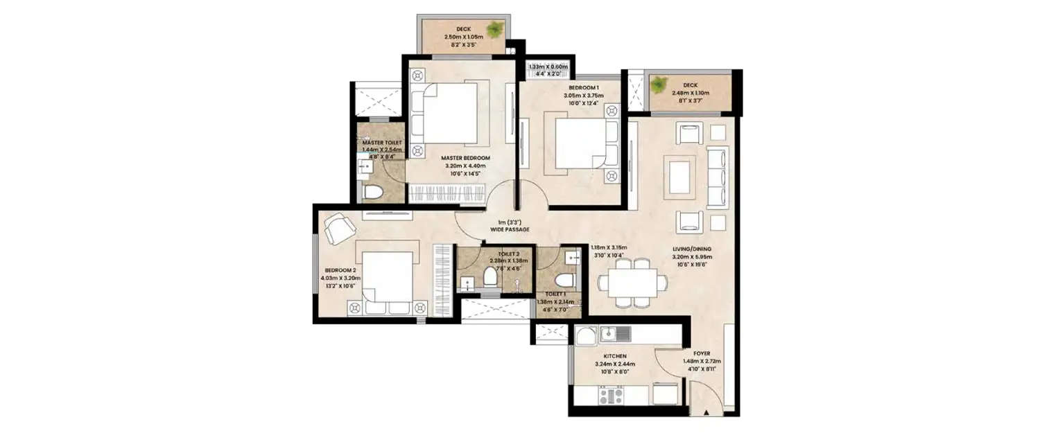 Floor plan for 3 BHK