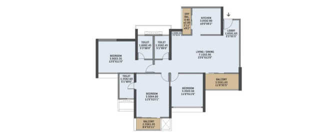 VTP Blue Waters Mahalunge - Floor plan 3 BHK 1256 Sq.ft