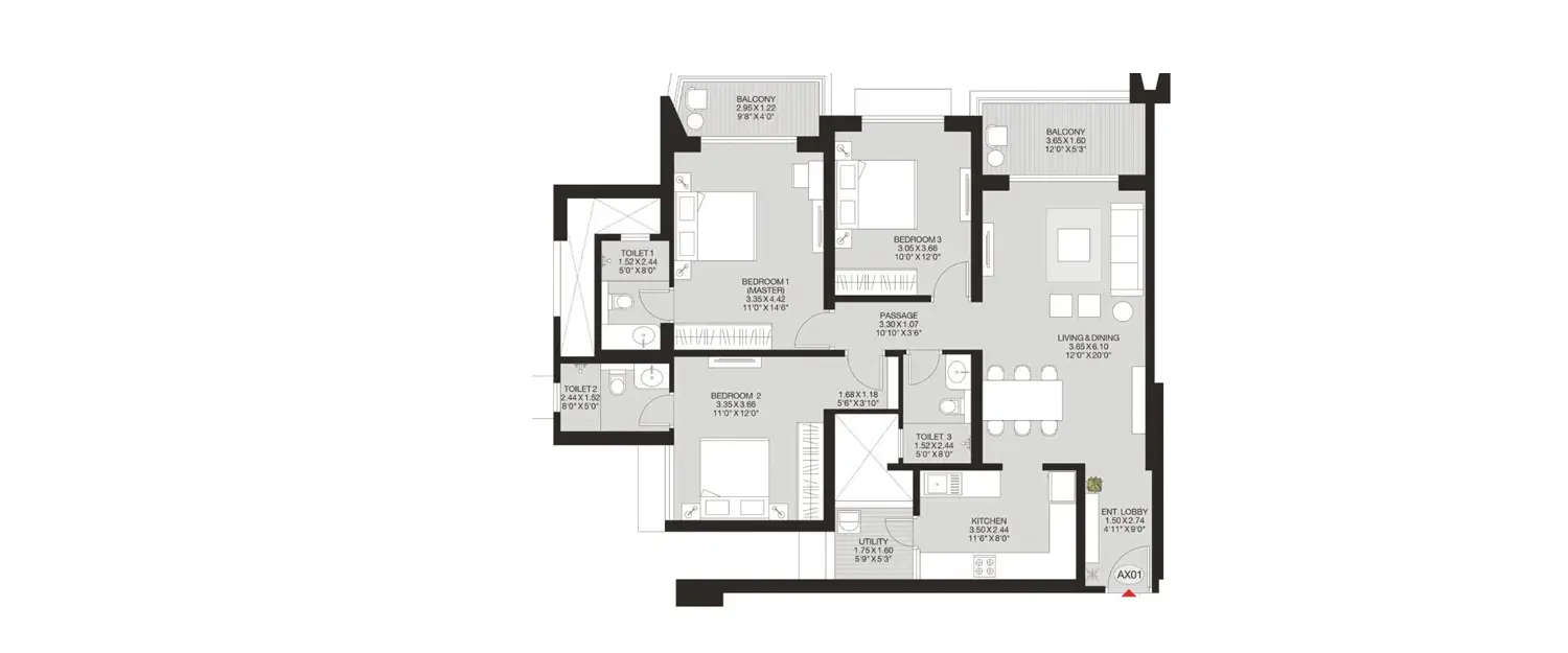Floor plan for 3 BHK