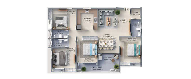 F Residences Merlin Rajarhat - Floor plan 4 BHK 1577 Sq.ft