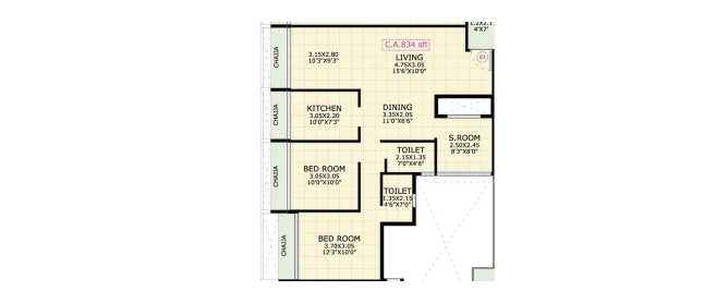Gami Asters Ghansoli - Floor plan 2 BHK 834 Sq.ft