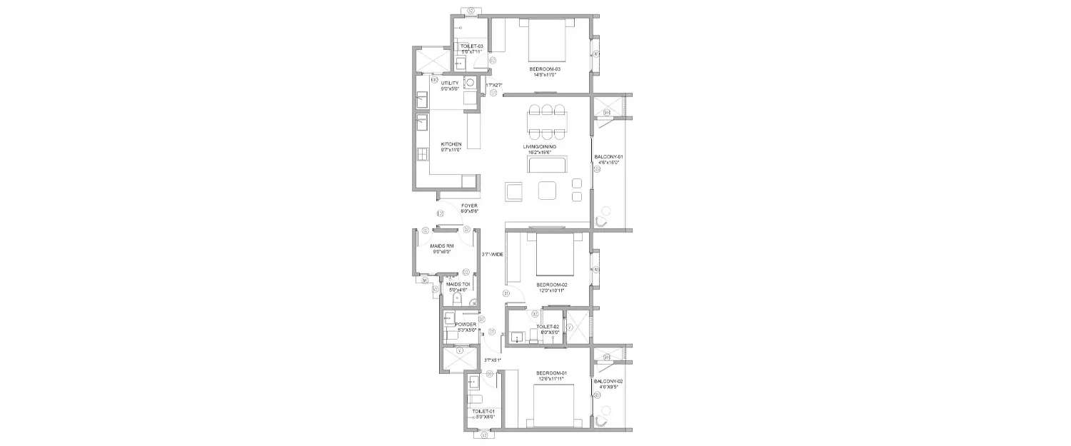 Floor plan for 3 BHK