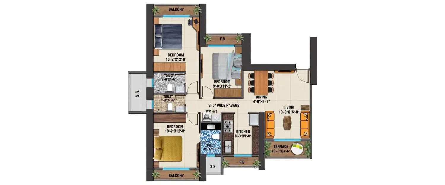 Floor plan for 3 BHK