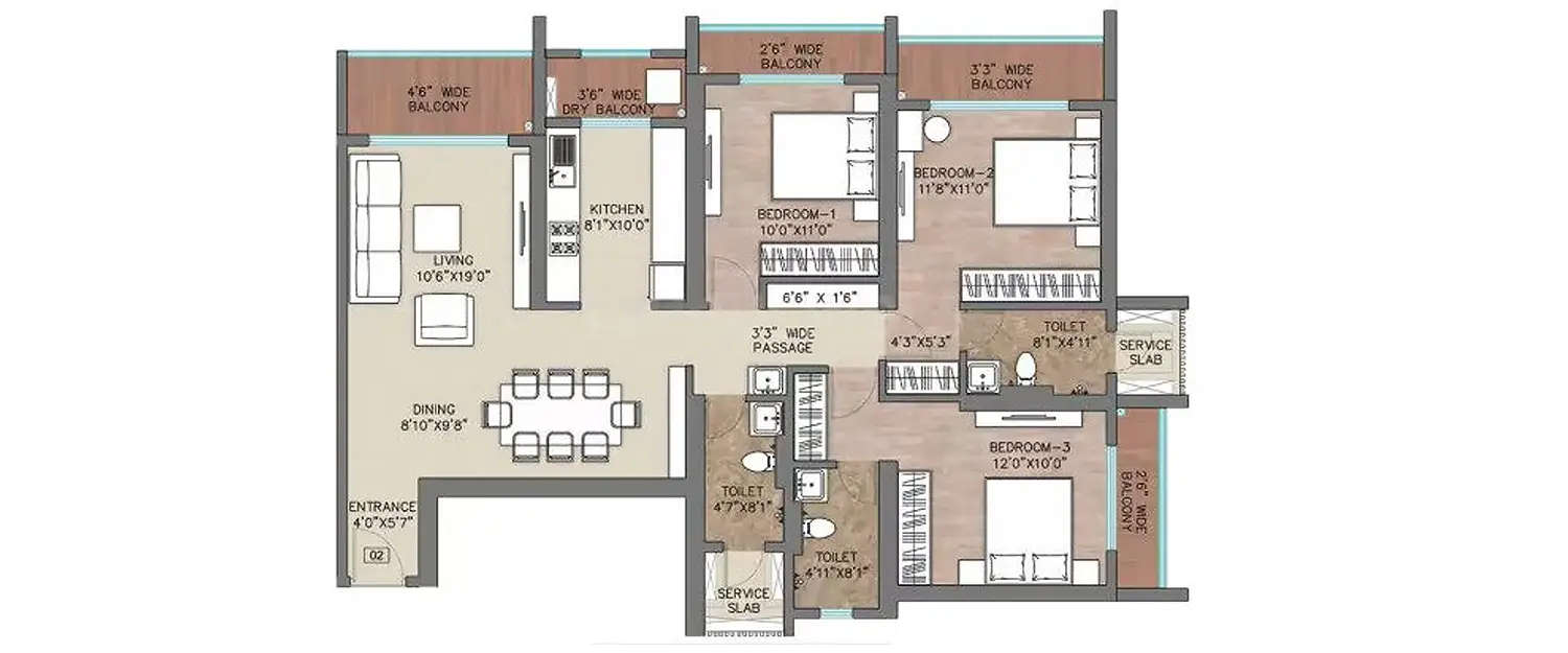 Floor plan for 3 BHK