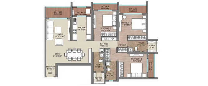 Regency Anantam Dombivali - Floor plan 3 BHK 1308 Sq.ft