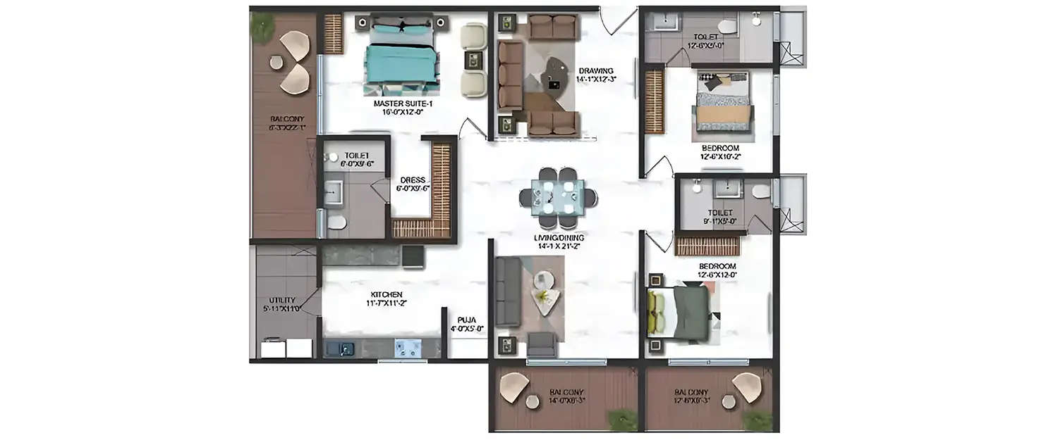 Floor plan for 3 BHK