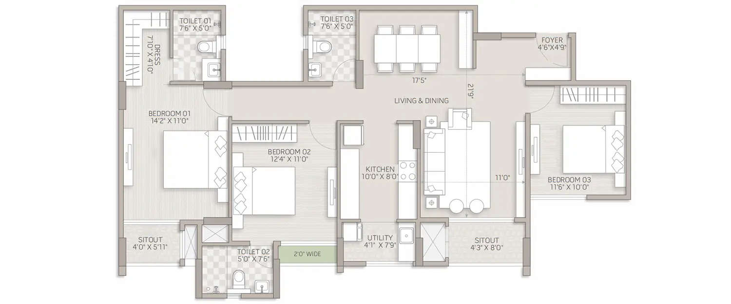 Floor plan for 3 BHK