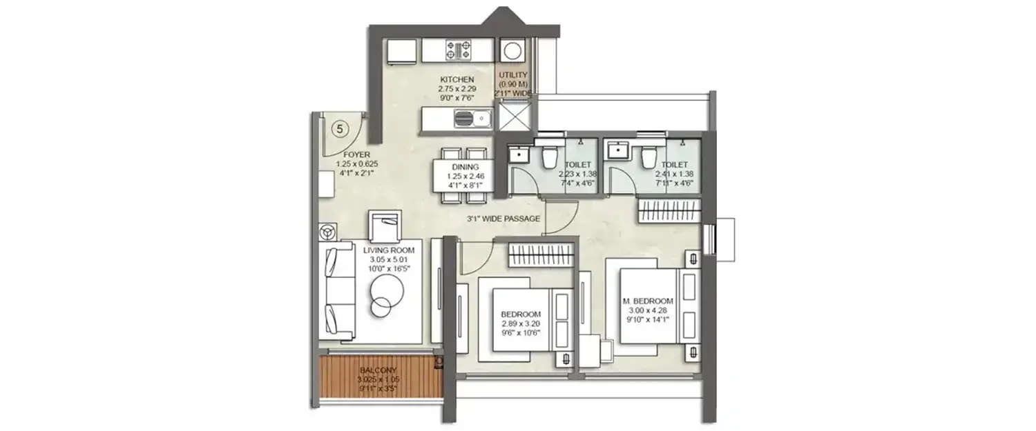 Floor plan for 2 BHK