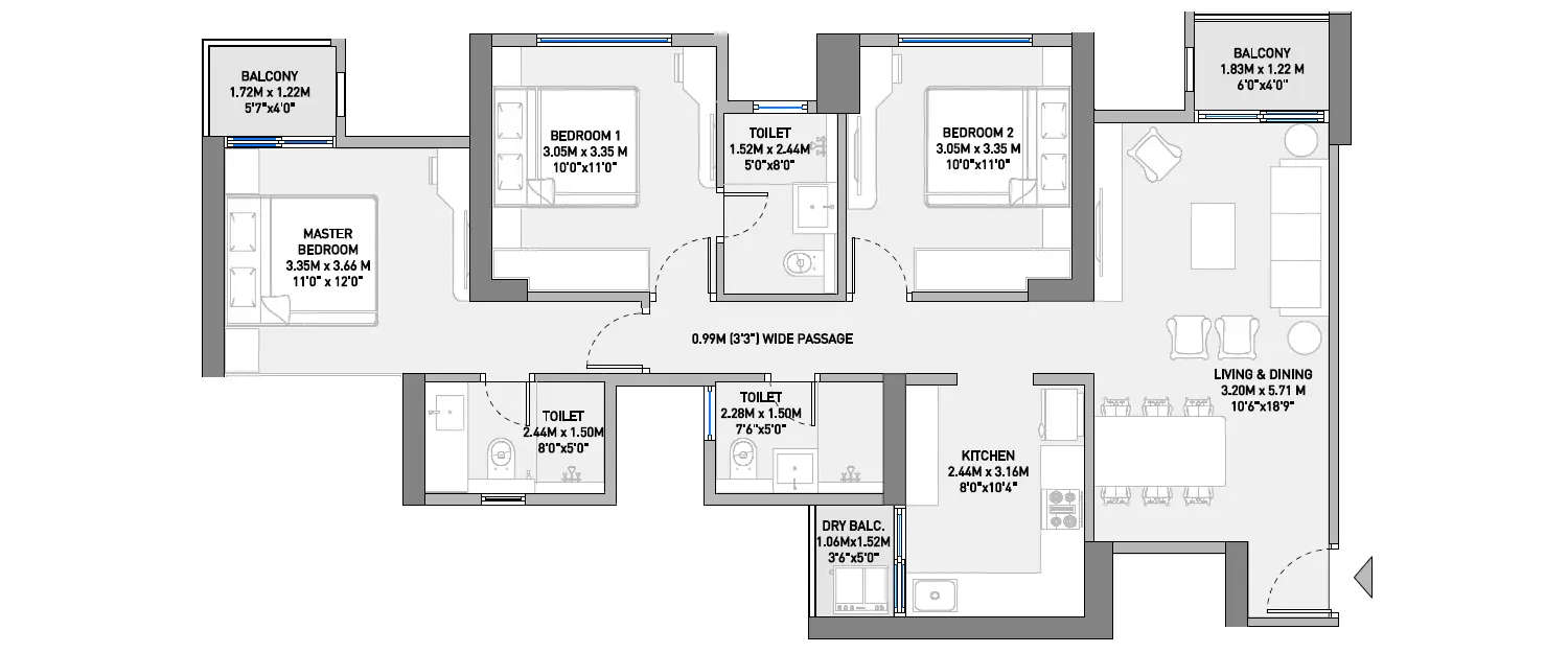 Floor plan for 3 BHK