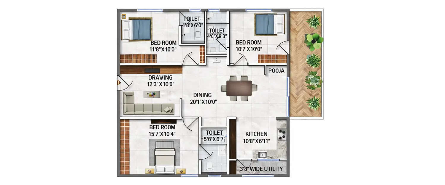 Floor plan for 3 BHK