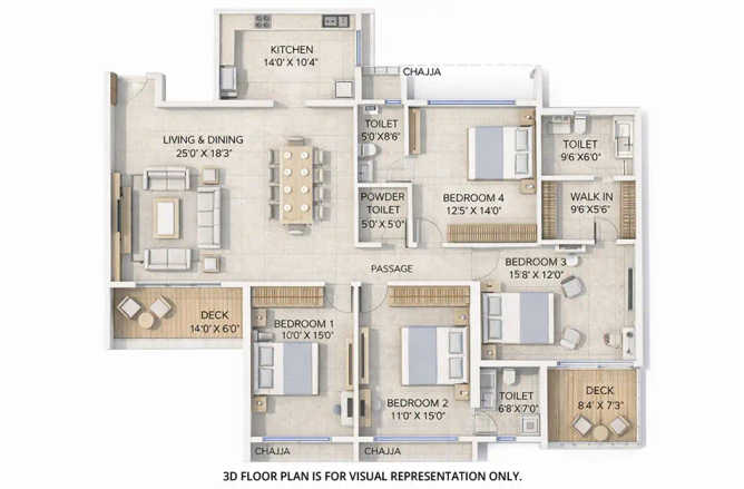 Delta Palm Beach Seawoods - Floor plan 4 BHK 1633 Sq.ft