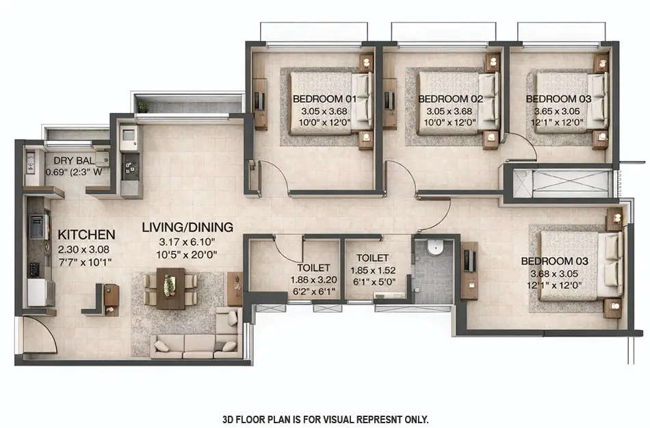 Floor plan for 3 BHK