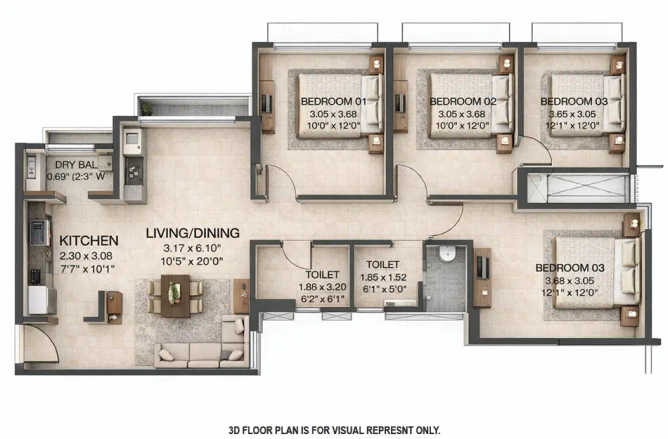Kanakia Silicon Valley Powai - Floor plan 3 BHK 986 Sq.ft