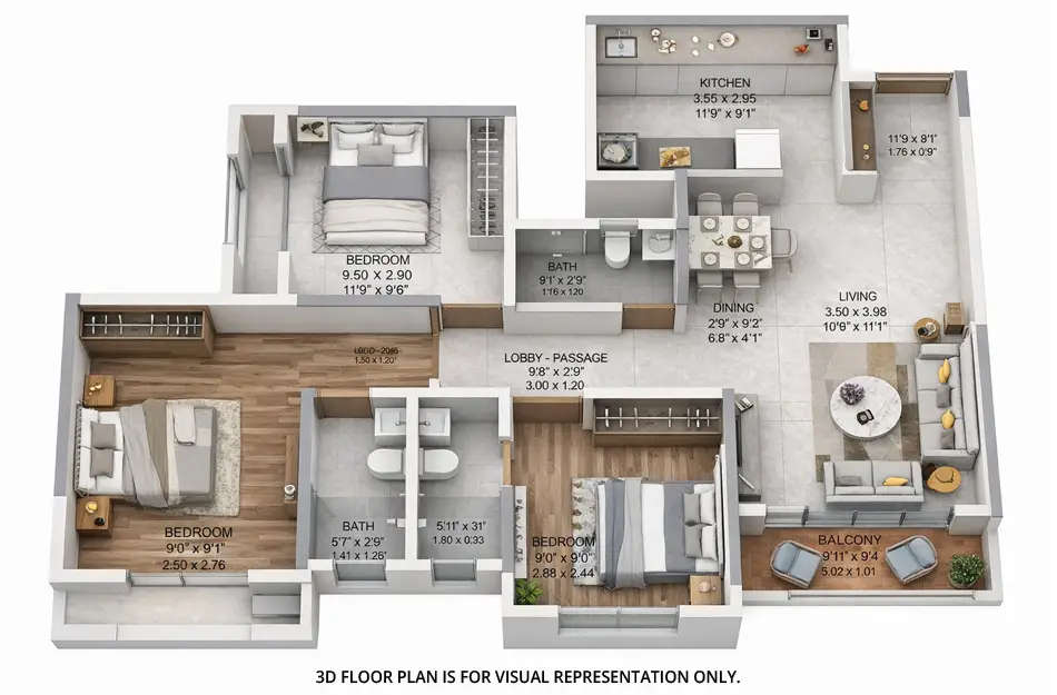 Floor plan for 3 BHK