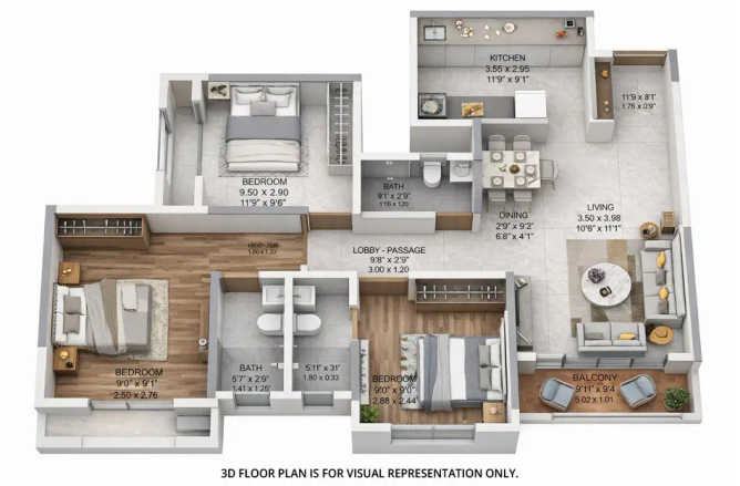 Dosti West County Balkum - Floor plan 3 BHK 949 Sq.ft