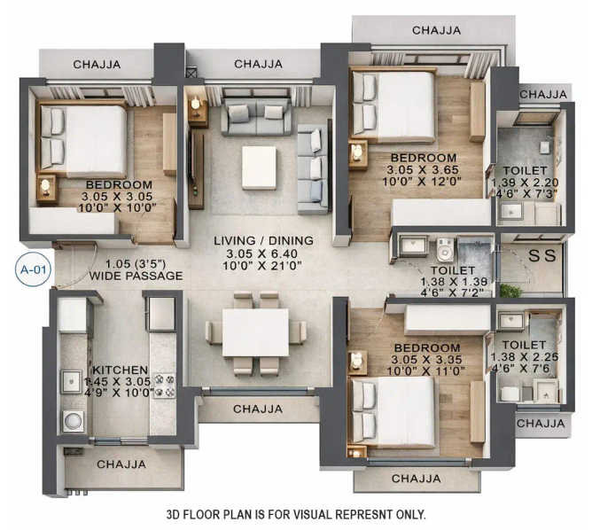 Wadhwa Atmosphere O2 Mulund - Floor plan 3 BHK 825 Sq.ft