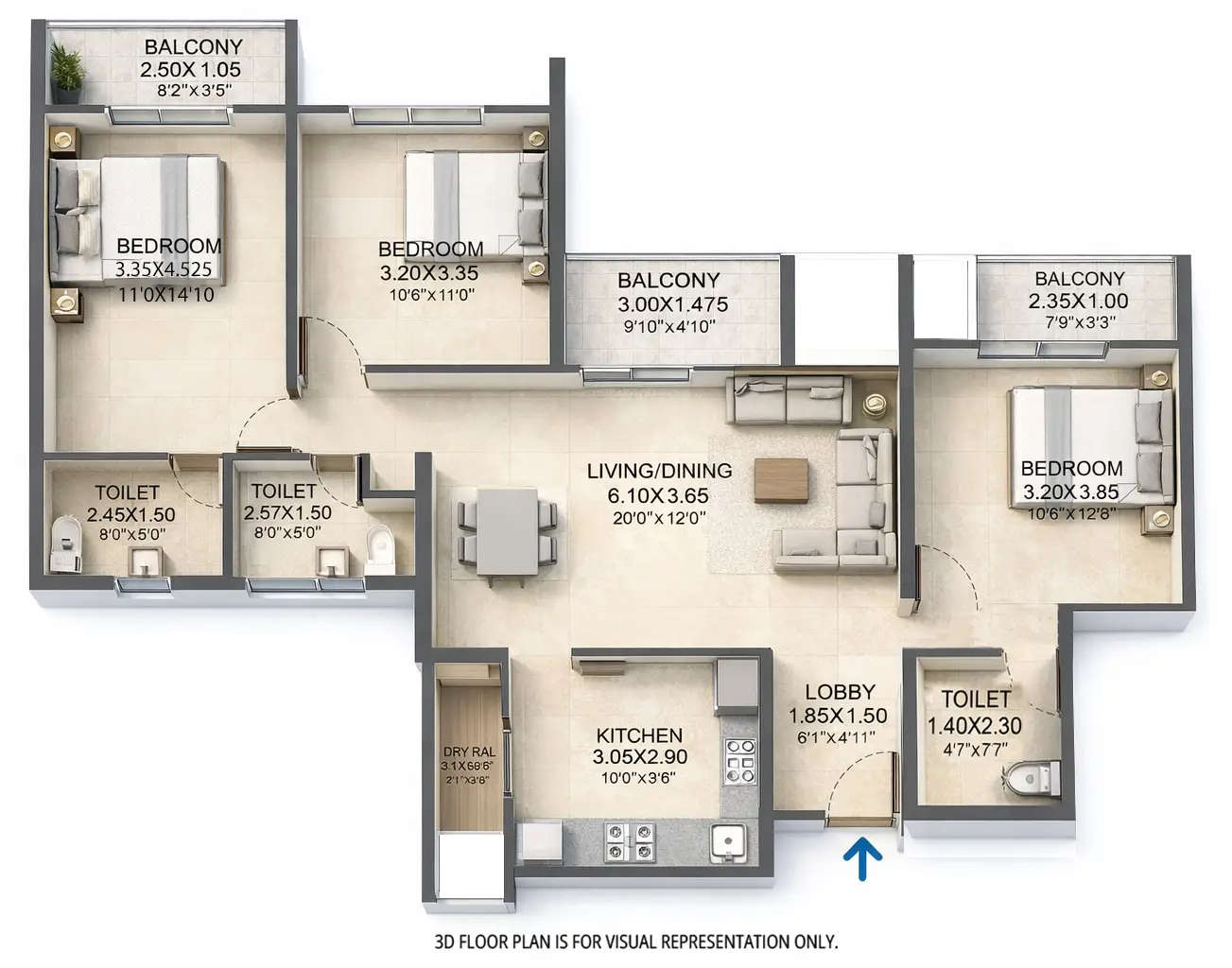 Floor plan for 3 BHK