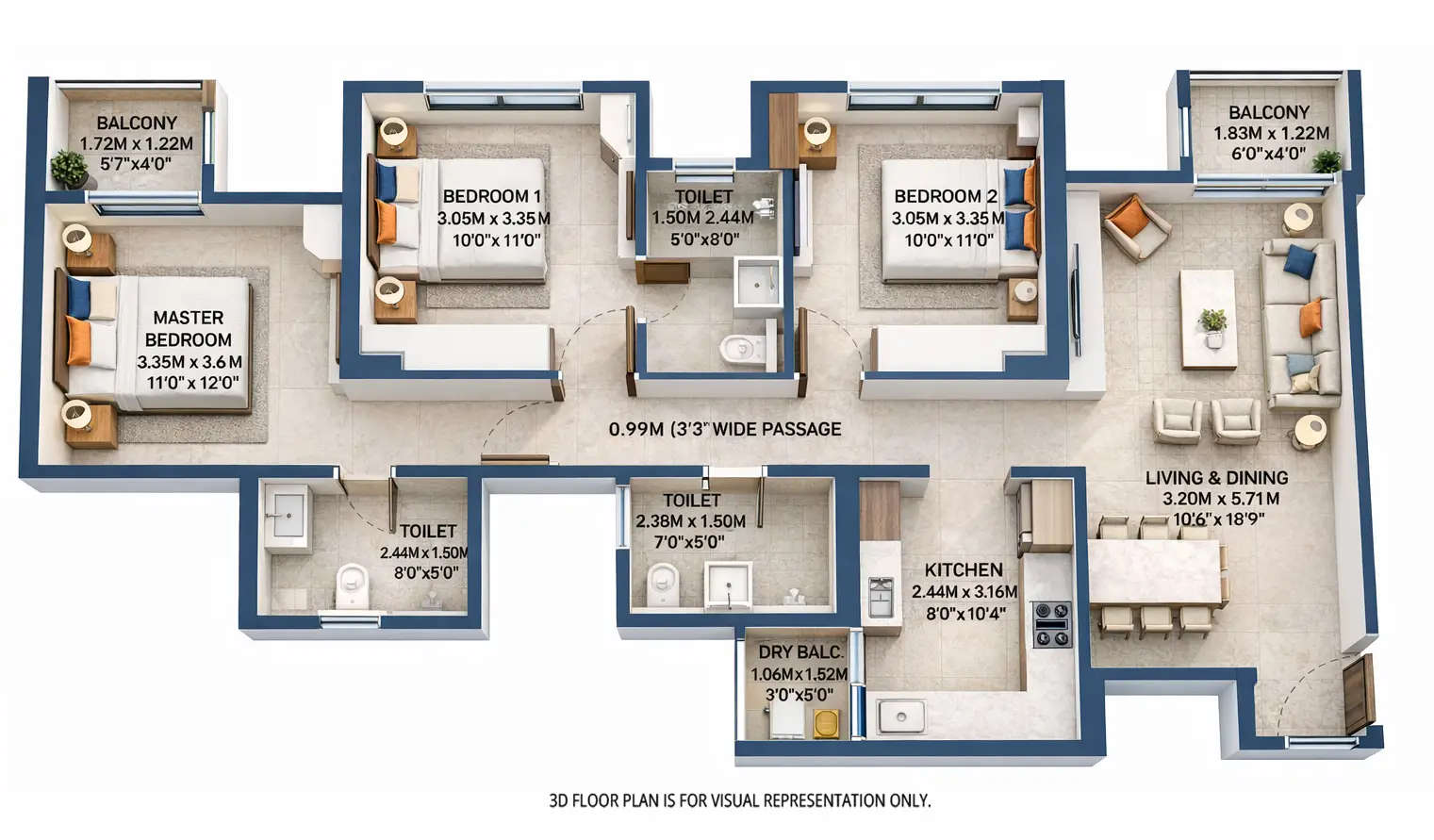 Floor plan for 3 BHK