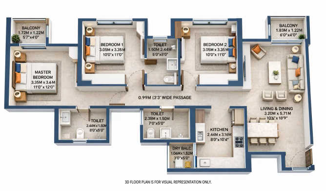 Birla Evam Manjri BK - Floor plan 3 BHK 975 Sq.ft
