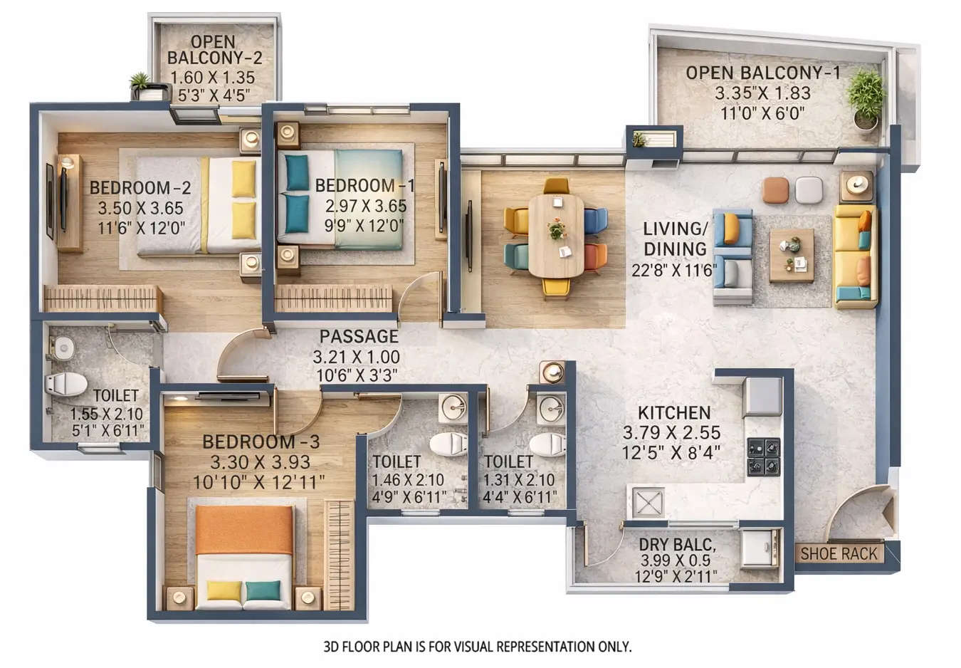 Floor plan for 3 BHK